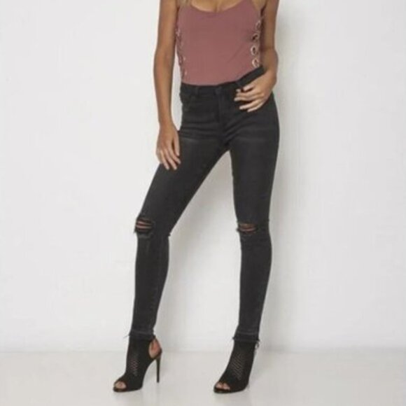 Free People NEON BLONDE Skinny Jeans Distressed Black Denim High rise waist 24 - Picture 2 of 14